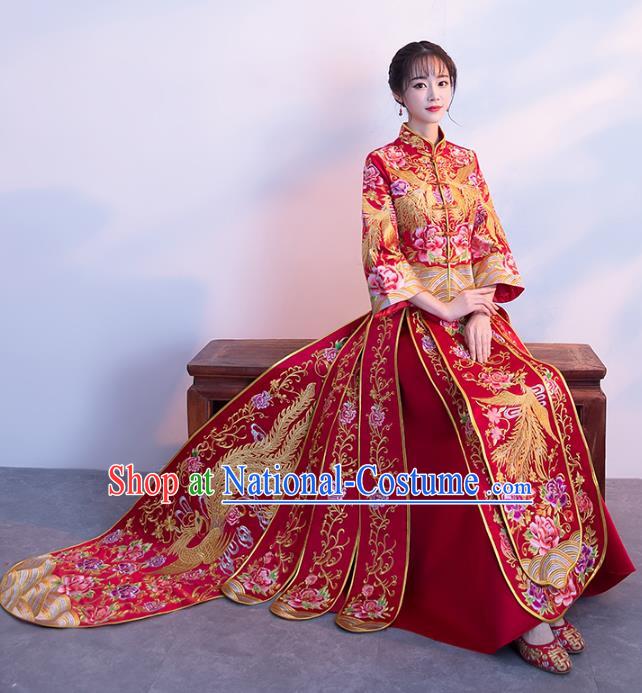 Chinese Traditional Xiuhe Suits Bride Trailing Full Dress Ancient Embroidered Phoenix Bottom Drawer Wedding Costumes for Women