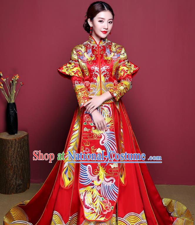 Chinese Ancient Wedding Costume Bride Delicate Embroidered Phoenix Dress, China Traditional Toast Clothing Xiuhe Suits for Women