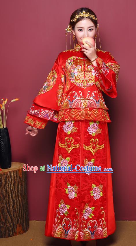 Chinese Ancient Wedding Costume Bride Delicate Embroidered Peony Dress, China Traditional Toast Clothing Xiuhe Suits for Women