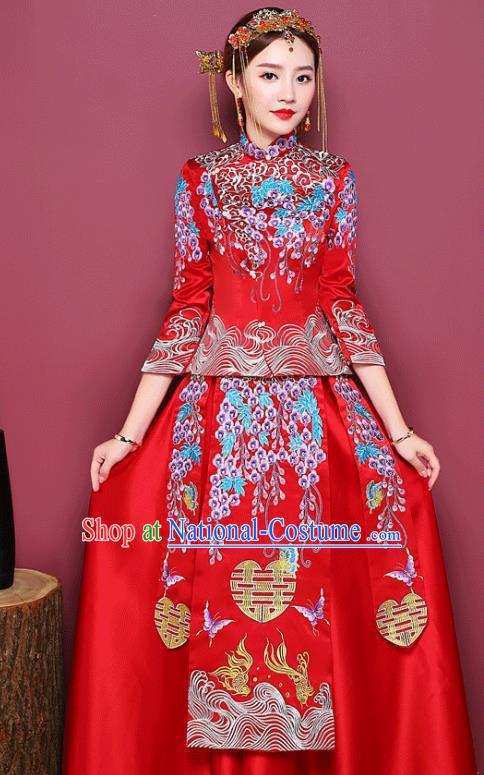 Chinese Ancient Wedding Costume Bride Toast Clothing, China Traditional Delicate Embroidered Dress Xiuhe Suits for Women