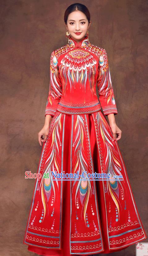 Chinese Ancient Wedding Costume Bride Toast Clothing, China Traditional Delicate Embroidered Phoenix Dress Xiuhe Suits for Women