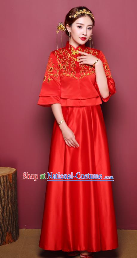 Chinese Ancient Wedding Costume Bride Toast Clothing, China Traditional Delicate Embroidered Red Dress Xiuhe Suits for Women