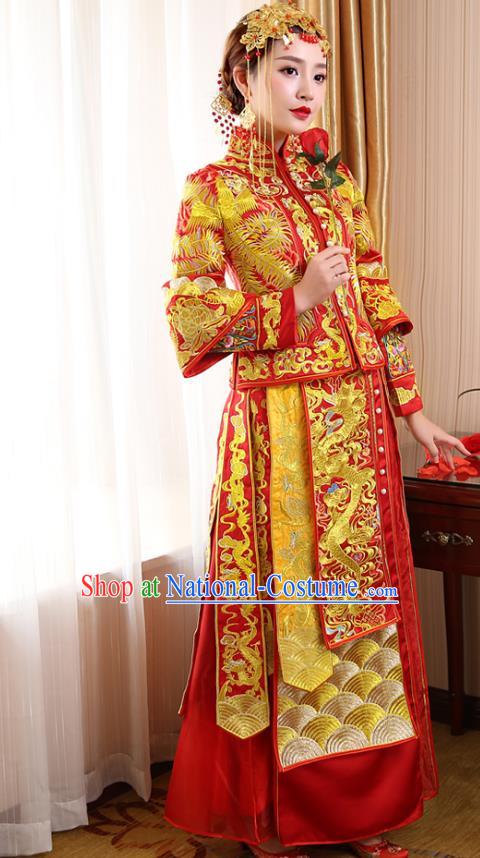 Chinese Ancient Wedding Costume Bride Red Toast Clothing, China Traditional Delicate Embroidered Dress Xiuhe Suits for Women