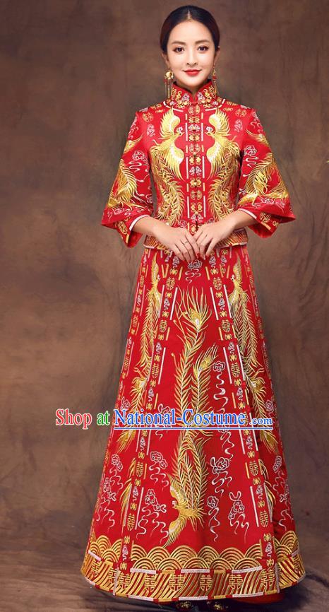 Chinese Ancient Wedding Costume Bride Toast Clothing, China Traditional Delicate Embroidered Phoenix Dress Xiuhe Suits for Women