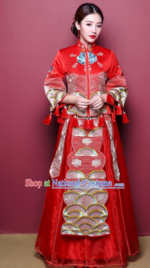 Chinese Ancient Wedding Costume Bride Finery Toast Clothing, China Traditional Delicate Embroidered Dress Xiuhe Suits for Women