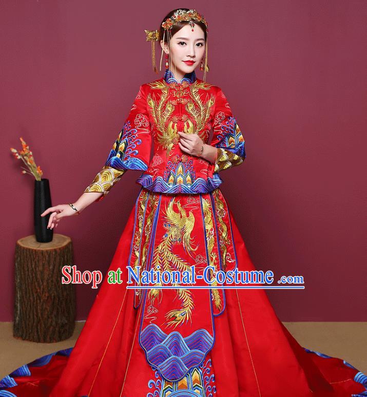 Chinese Ancient Wedding Costume Bride Finery Toast Clothing, China Traditional Delicate Embroidered Trailing Xiuhe Suits for Women