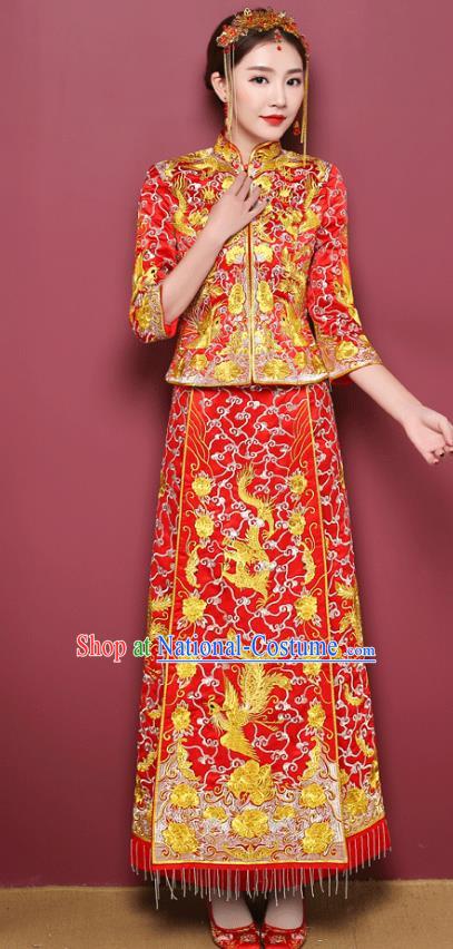 Chinese Ancient Wedding Costume Bride Toast Cheongsam Clothing, China Traditional Delicate Embroidered Xiuhe Suits for Women