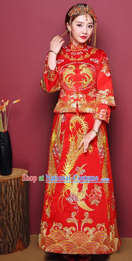 Chinese Traditional Wedding Costume, China Ancient Bride Embroidered Phoenix Peony Xiuhe Suit Clothing for Women