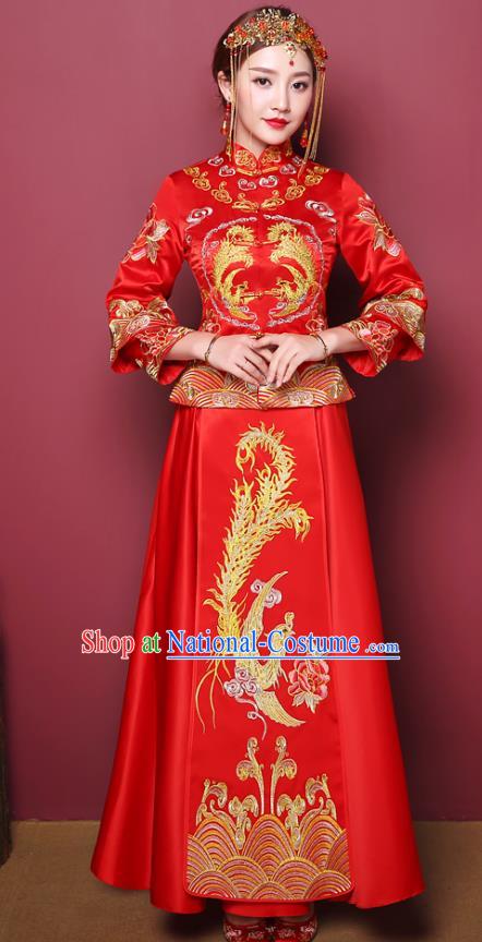 Chinese Traditional Wedding Costume, China Ancient Bride Embroidered Phoenix Xiuhe Suit Clothing for Women