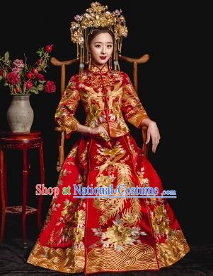 Chinese Ancient Wedding Costume Bride Toast Cheongsam, China Traditional Delicate Embroidered Xiuhe Suits for Women