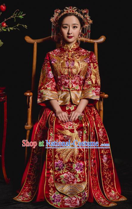 Chinese Traditional Embroidered Xiuhe Suits Ancient Bride Embroidery Phoenix Peony Wedding Costumes for Women