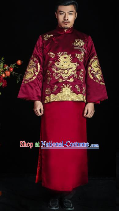 Chinese Traditional Wedding Costume China Ancient Bridegroom Tang Suit Wine Red Gown for Men