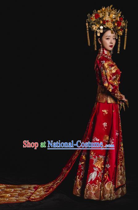 Chinese Traditional Trailing Xiuhe Suits Ancient Bride Embroidered Bottom Drawer Wedding Costumes for Women