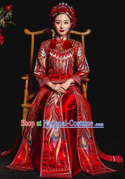 Chinese Traditional Red Xiuhe Suits Ancient Bride Embroidered Feather Bottom Drawer Wedding Costumes for Women