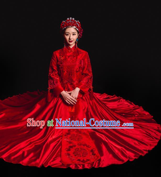 Chinese Traditional Xiuhe Suits Ancient Bride Embroidered Red Bottom Drawer Wedding Costumes for Women