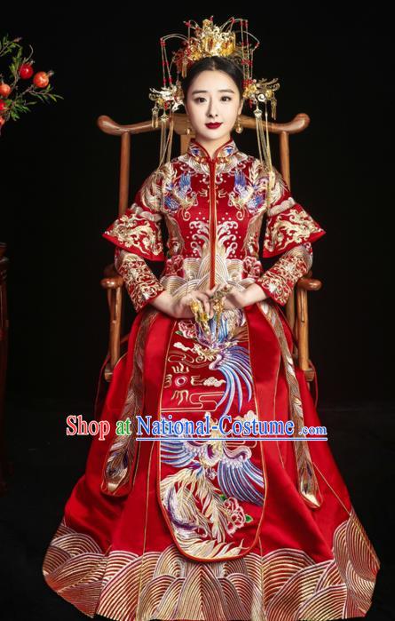 Chinese Traditional Xiuhe Suits Ancient Bride Embroidered Red Bottom Drawer Wedding Costumes for Women