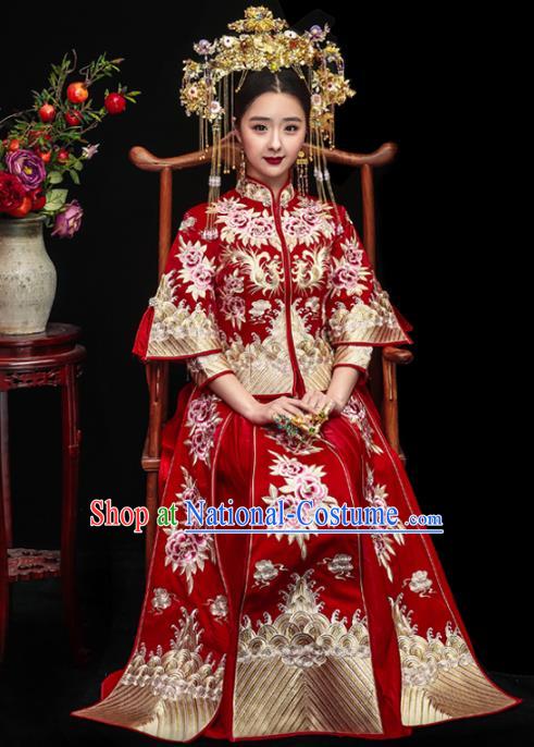 Chinese Traditional Xiuhe Suits Ancient Bride Embroidered Peony Red Bottom Drawer Wedding Costumes for Women