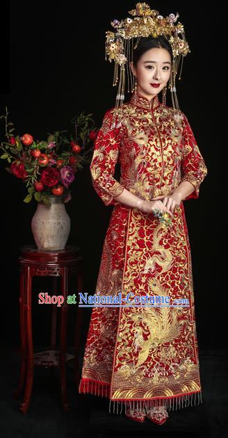 Chinese Ancient Wedding Costume Bride Embroidery Toast Clothing, Traditional Delicate Embroidered Red Xiuhe Suits for Women