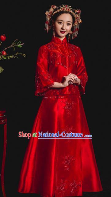 Chinese Traditional Toast Xiuhe Suits Ancient Bride Embroidered Red Tassel Bottom Drawer Wedding Costumes for Women