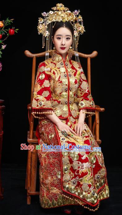 Chinese Traditional Toast Xiuhe Suits Ancient Bride Beading Embroidered Bottom Drawer Wedding Costumes for Women