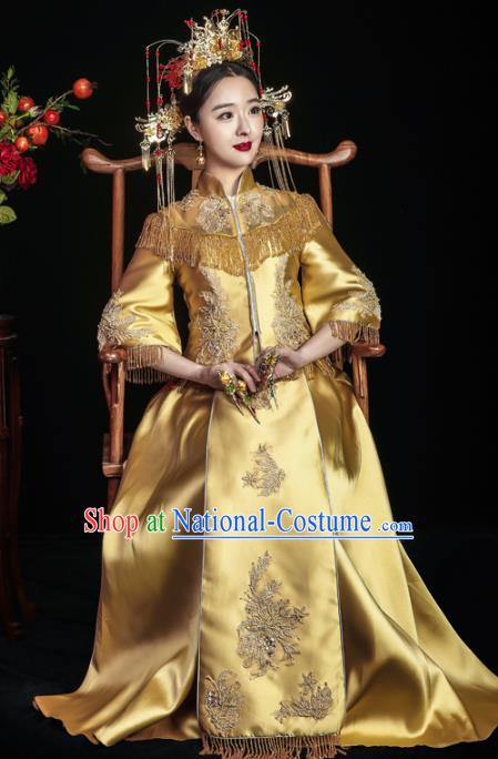 Chinese Traditional Toast Yellow Xiuhe Suits Ancient Bride Embroidered Bottom Drawer Wedding Costumes for Women