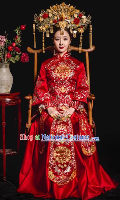 Chinese Traditional Toast Red Xiuhe Suits Ancient Bride Embroidered Bottom Drawer Wedding Costumes for Women