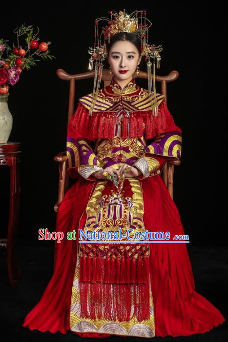 Chinese Traditional Toast Red Tassel Xiuhe Suits Ancient Bride Embroidered Bottom Drawer Wedding Costumes for Women