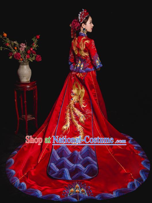 Chinese Ancient Wedding Costume Bride Trailing Embroidery Toast Clothing, Traditional Delicate Embroidered Red Xiuhe Suits for Women