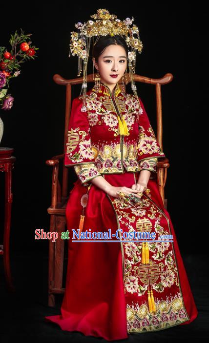 Chinese Ancient Bride Wedding Costume Embroidery Toast Clothing, Traditional Delicate Embroidered Red Xiuhe Suits for Women