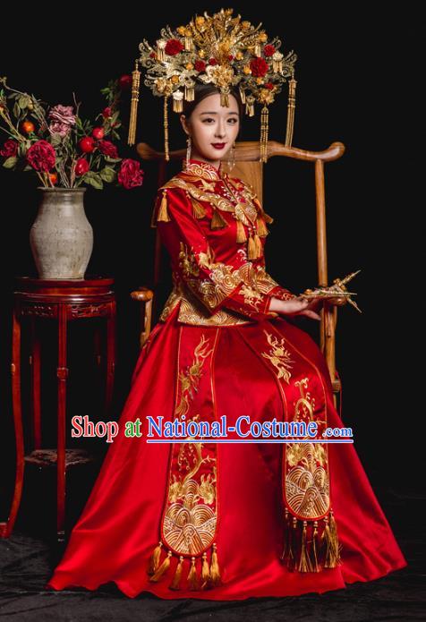 Chinese Ancient Bride Wedding Costume Embroidery Toast Clothing, Traditional Qing Dynasty Delicate Embroidered Red Xiuhe Suits for Women