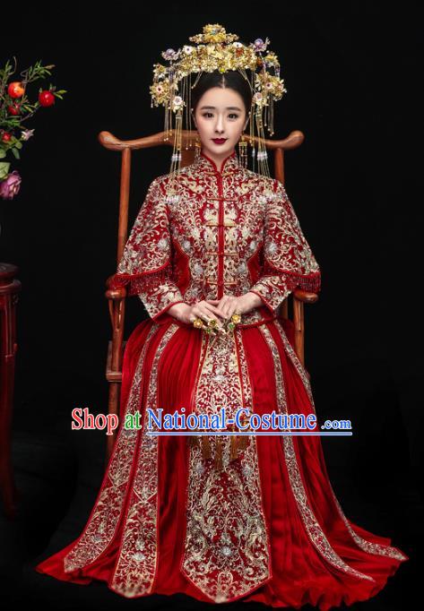 Chinese Ancient Bride Wedding Costume Embroidery Toast Clothing, Traditional China Delicate Embroidered Red Xiuhe Suits for Women