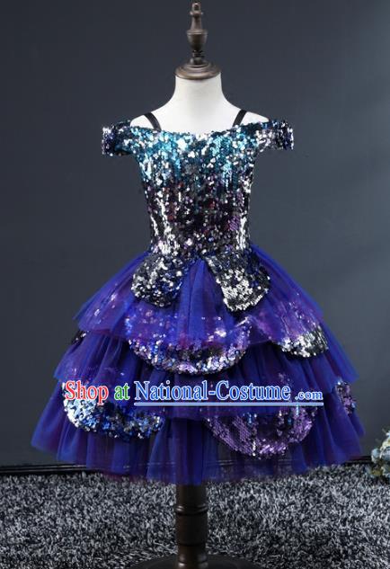 Children Stage Performance Costumes Catwalks Modern Fancywork Blue Bubble Dress for Kids