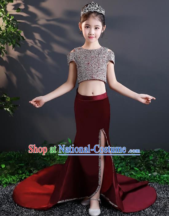 Children Stage Performance Costumes Trailing Dress Modern Fancywork Full Dress for Kids