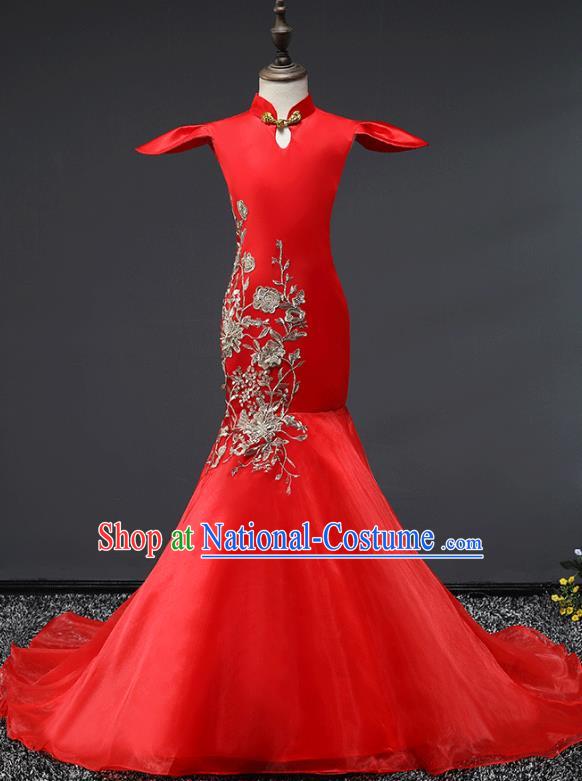 Children Stage Performance Costumes Red Embroidered Cheongsam Modern Fancywork Trailing Full Dress for Kids