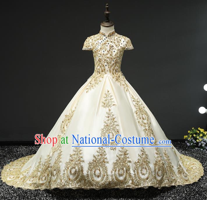 Children Stage Performance Costumes Embroidered Golden Trailing Dress Modern Fancywork Full Dress for Kids