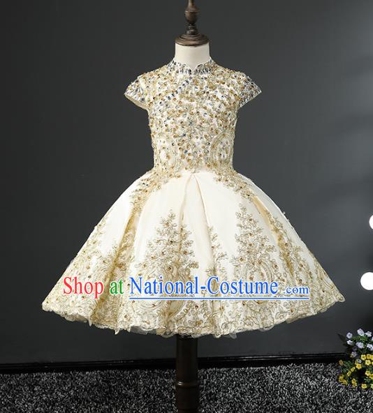 Children Stage Performance Costumes Embroidered Golden Bubble Dress Modern Fancywork Full Dress for Kids