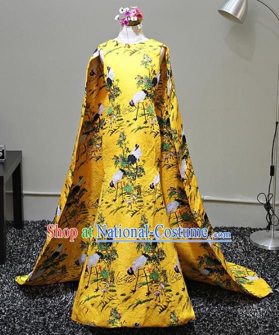 Children Stage Performance Costumes Printing Cranes Yellow Dress Modern Fancywork Full Dress for Kids