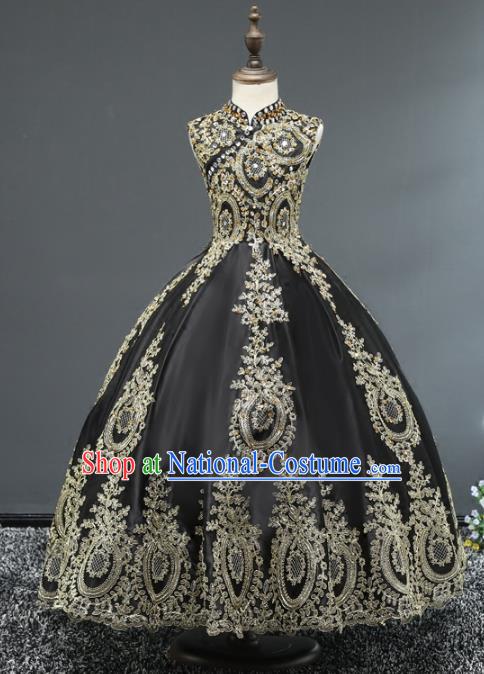 Children Stage Performance Costumes Ballroom Waltz Dance Black Dress Modern Fancywork Full Dress for Kids