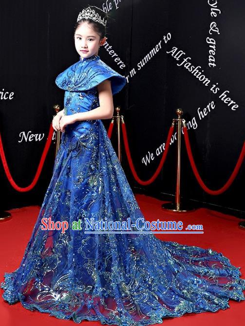 Children Stage Performance Costumes Ballroom Blue Trailing Cheongsam Modern Fancywork Full Dress for Kids