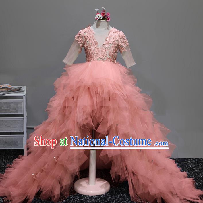 Children Stage Performance Costumes Ballroom Pink Bubble Dress Modern Fancywork Full Dress for Kids