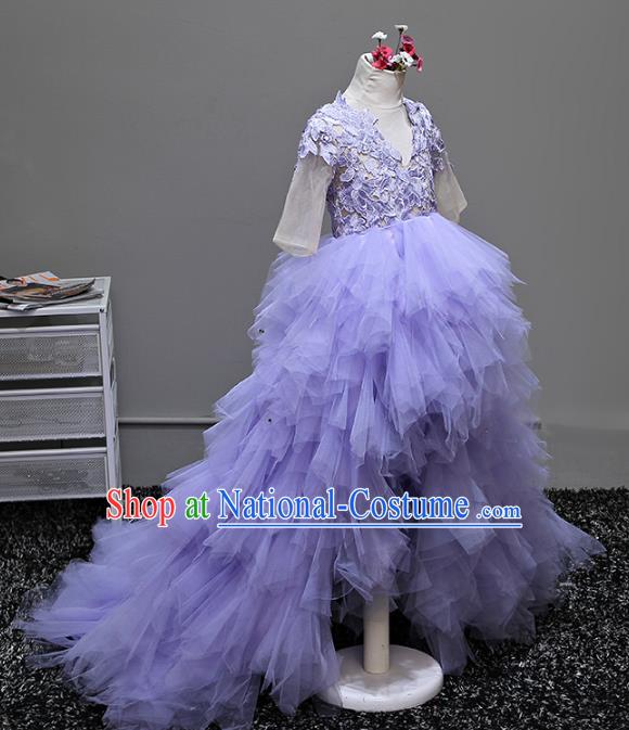 Children Stage Performance Costumes Ballroom Purple Bubble Dress Modern Fancywork Full Dress for Kids