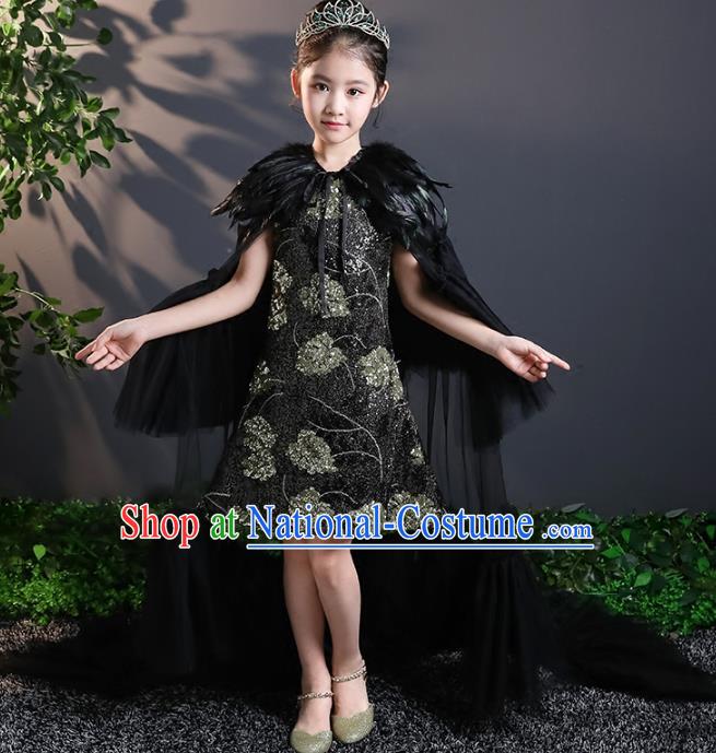 Children Stage Performance Costumes Black Evening Dresses Modern Fancywork Full Dress for Kids