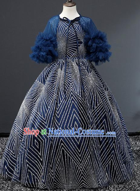 Children Stage Performance Costumes Blue Evening Dresses Modern Fancywork Bubble Full Dress for Kids