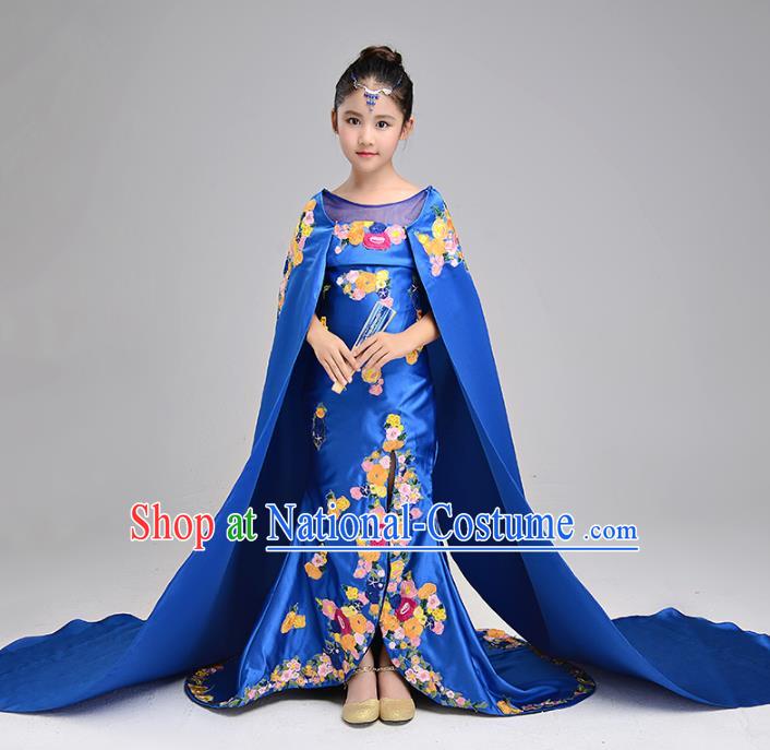 Children Stage Performance Costumes Blue Embroidered Evening Dresses Modern Fancywork Full Dress for Kids