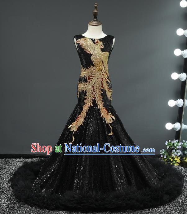 Children Stage Performance Costumes Embroidered Phoenix Black Evening Dresses Modern Fancywork Full Dress for Kids