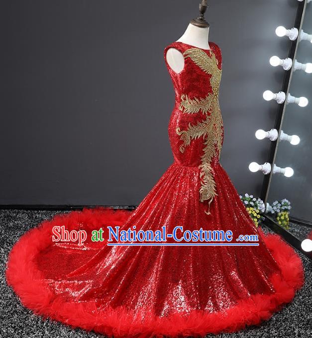 Children Stage Performance Costumes Embroidered Phoenix Red Evening Dresses Modern Fancywork Full Dress for Kids