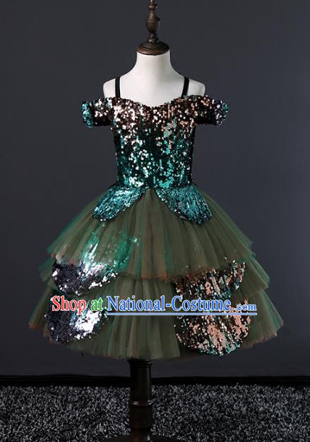 Children Stage Performance Costumes Green Bubble Evening Dresses Modern Fancywork Full Dress for Kids