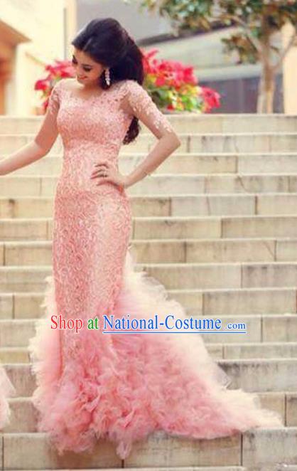 Top Grade Stage Performance Costumes Pink Trailing Evening Dresses Modern Fancywork Full Dress for Women