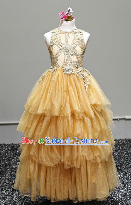 Top Grade Stage Performance Costumes Yellow Bubble Dress Modern Fancywork Full Dress for Kids