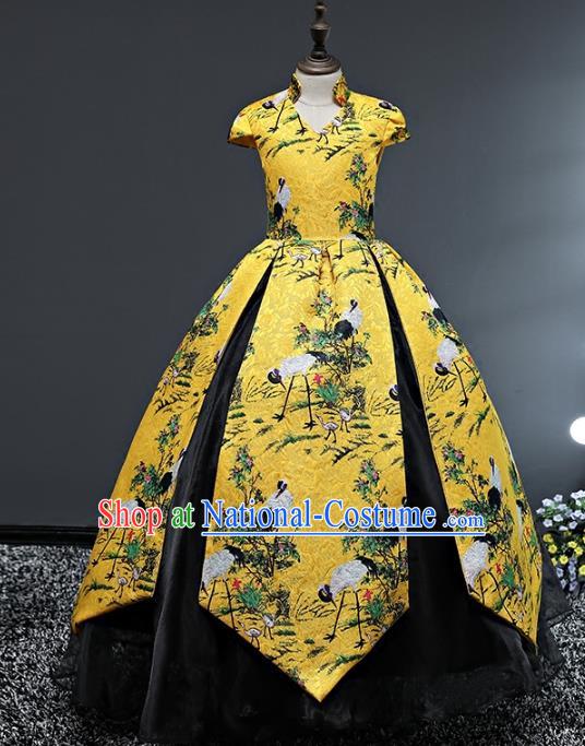 Top Grade Stage Performance Costumes Printing Cranes Bubble Dress Modern Fancywork Full Dress for Kids